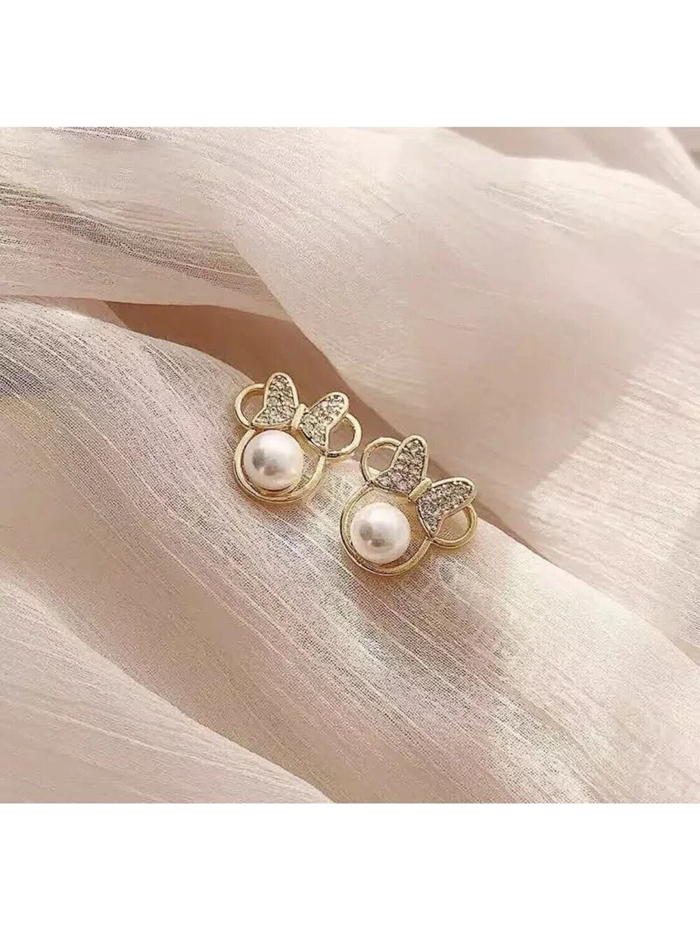 14k Gold ,  Pearl & Crystal Minni Mouse Earrings - Disney - Ships From USA